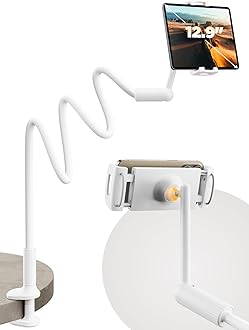 SAIJI Gooseneck Tablet Holder for Bed, One-Hand Adjustable, 47" Length, Upgraded Base, iPad Holder Stand Flexible Lazy Arm, Compatible with iPad/iPhone/Kindle/Switch or Other 4.7-13" Device (White)