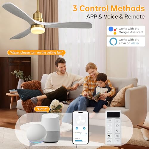 Image of Sofucor Smart Ceiling Fan, 52 inch Low Profile Ceiling Fans with Lights and Remote, Compatible with Alexa /Google /App, 3-Color Light 6-Speed DC Motor Reversible Timer for Bedroom Living Room Patio Outdoor