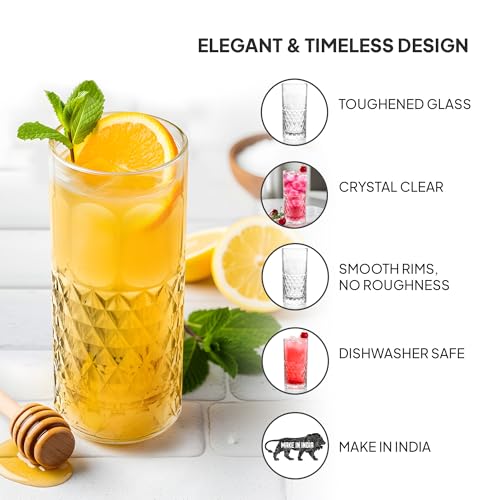 Image of CELLO Unity Hi-Ball Glass Set of 6 Pcs 275ml, Transparent | Freezer & Fridge Safe, Leadfree Dishwasher Safe Toughened Crystal Clear Glasses Set For Drinking Water Juice Milk Cocktail Mocktail Coldrink
