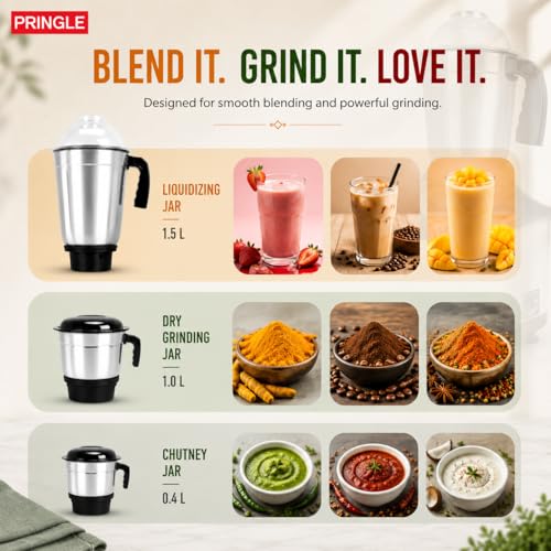 Image of Pringle Alfa 550W 3 Jar Mixer Grinder for Kitchen | 3 SS Jars (Liquidizing, Wet & Dry Grinder & Chutney) | Stainless Steel Blades | Compact & Powerful | 5 Yr Warranty | Red