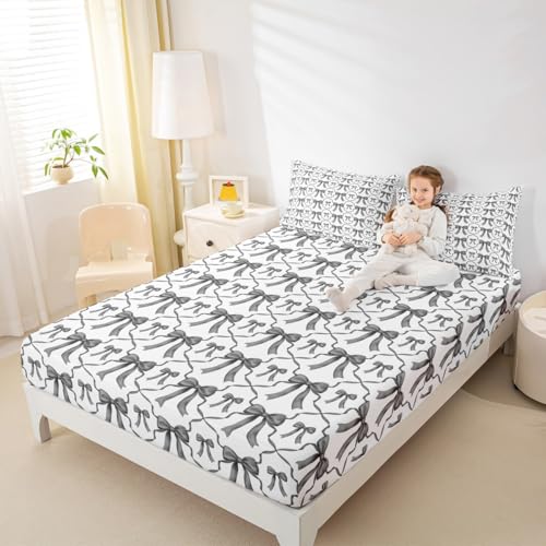 Erosebridal Cute Bowknot Girls Fitted Sheet Queen,Princess Bow Bedding Set for Coquette Room Decor,Modern Aesthetic Bow Tie Bed Sheets for Kids Teen Adults,Geometric Grey Black Sheets