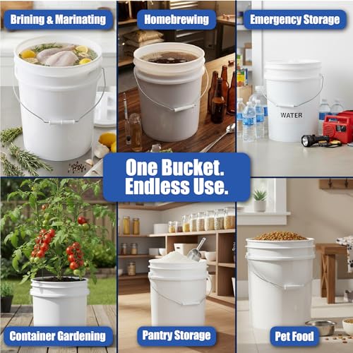 Image of ePackageSupply 5 Gallon Bucket - Food Grade w /Lid BPA-Free, 6 Pack - White | Airtight Gasketed Tear Strip Lid, Heavy-Duty 90 Mil HDPE Plastic Pail, Bulk Storage, Food Safe Durable Container, Made in USA