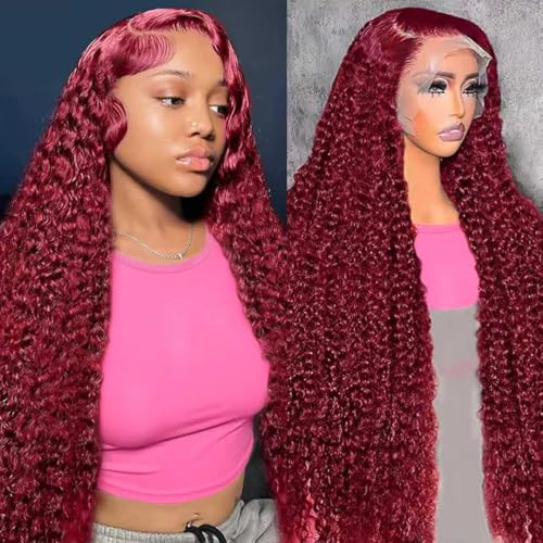 Juviso 30 Inch Burgundy Wig Human Hair Deep Wave 13x6 HD Lace Front Wigs 99J Burgundy Curly Human Hair Wig 200 Density Pre Plucked Human Hair Frontal Wigs for Women