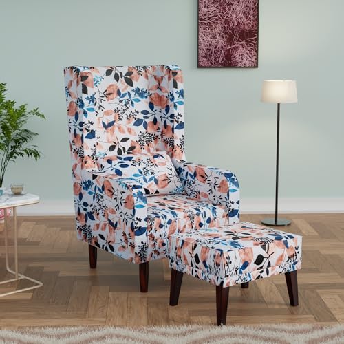 Image of Custom Decor Wooden Wing Chair with Ottoman Stool | Wingback for Living Room | One Seater Sofa | High Density Foam | Accent Chair for Seating and Home Decor Furniture | (Floral Frost, with Ottoman)