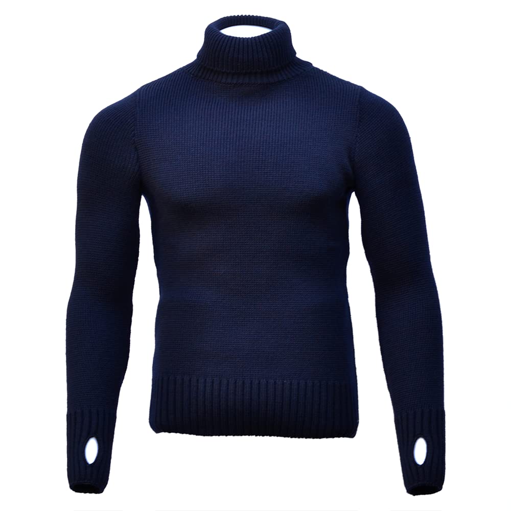 Goldtop Men's Navy Merino Wool Submariner Roll Neck Sweater - Blue (Large - 42")
