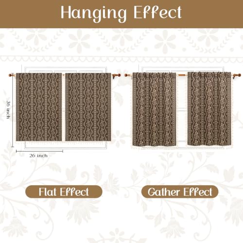Image of Yinhua Boho Kitchen Curtains 36 Inch Length Vintage Linen Cafe Curtains Light Filtering Bohemian Floral Tier Rod Pocket Farmhouse Rustic Tassel Small Drapes with Tiebacks, 2 Panels, Brown
