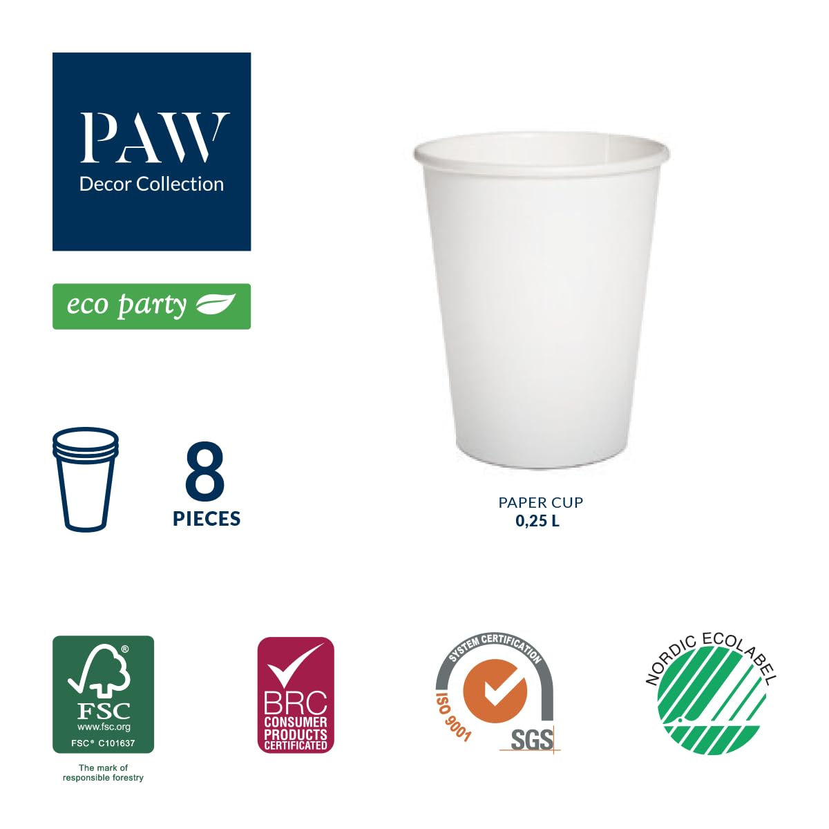 PAW Jednorazowe Kubki papierowe (250 ml) I 8 sztuk I Wykonane w 100% Biodegradowalne Surowce I Wielokolorowe Szkła Tekturowe I Kolor: Konfetti (Czarno-srebrne)