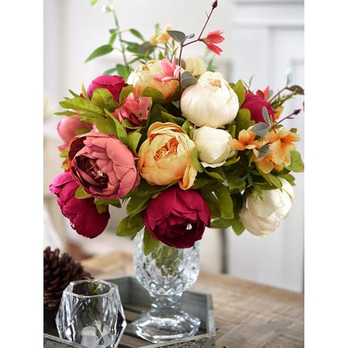 Image of FiveSeasonStuff Sunset Whisper Artificial Peony & Hydrangea Bouquets, 2 Silk Flower Bundles with 2 Gold Taper Candle Holders, Cream Apricot & Berry Red Centerpiece for Home & Wedding Tables