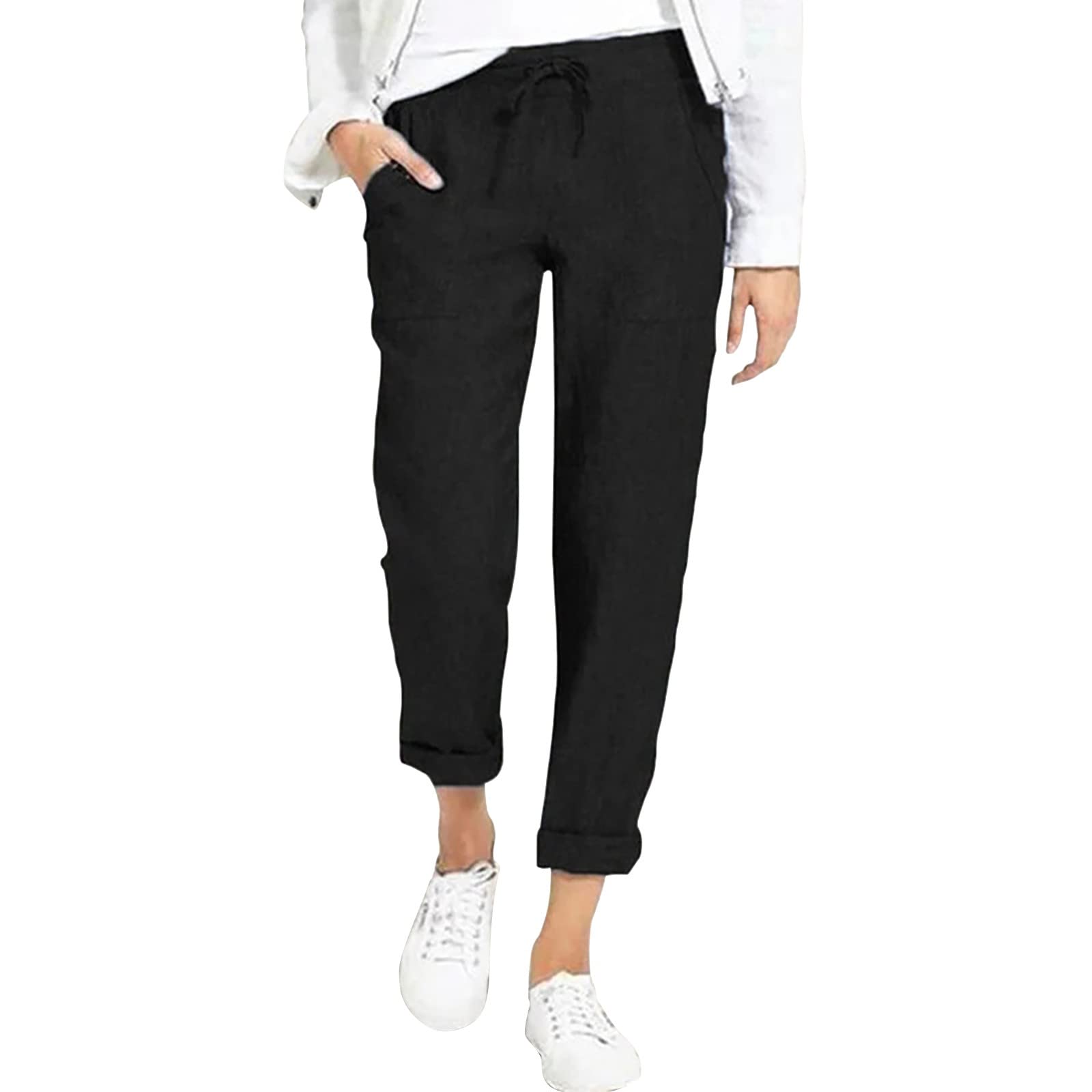 Womens Linen Pants High Waisted Drawstring Lightweight Summer Pants Baggy Straight Leg Solid Trousers with Pockets Black XXL