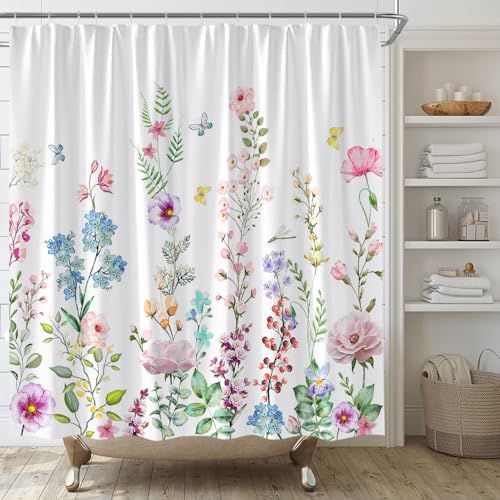 AMFD Pink Floral Shower Curtain Spring Watercolor Flower Boho Wildflower Botanical Rustic Nature Garden Fabric Bathroom Decor Set with Hooks,(70" WX70 H)