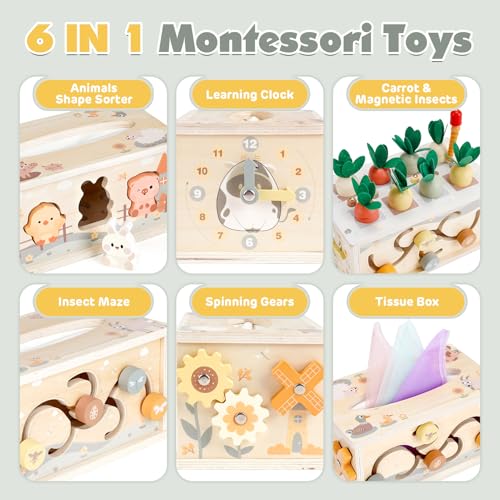 Vanplay Montessori Spielzeug Baby 12 Monate, 6 in 1 Tücherbox Baby Spielzeug ab 1 Jahr, Holzspielzeug Motorikspielzeug ab 1 2 3 Jahre Mädchen Junge, Geschenk Kind 1 Jahr