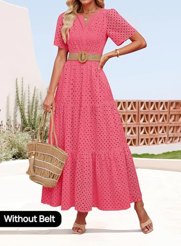 Image of ZESICA Women's 2026 Summer Short Sleeve Maxi Dress Casual V Neck Hollow Out Eyelet Ruffle Swing A Line Long Dresses