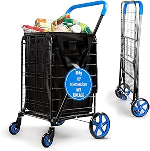 SereneLife Einkaufstrolley Klappbar & Treppensteiger, Einkaufswagen- aus Metall, Shopping Trolley- 50Kg mit Schwenkbare Räder, Hackenporsche, Robuste Sackkarre, Shopping Cart- mit Abnehmbarem Liner