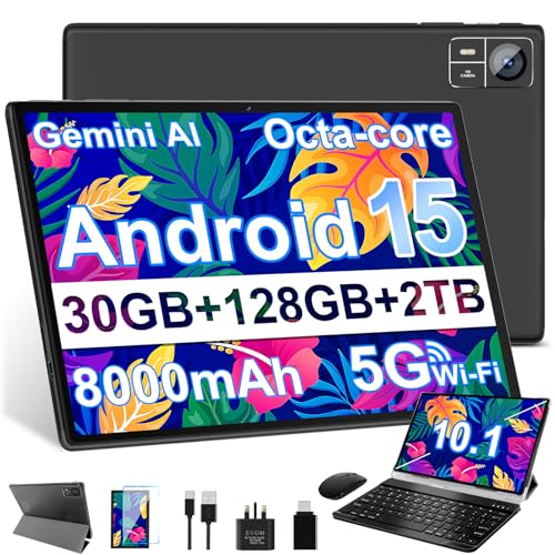 JVVQTB Tablet 10 Inch Android 15 Octa Core 30GB RAM + 128GB ROM (2TB TF) | 5G + 2.4G WiFi | FHD | Bluetooth 5.0 | GPS | 8MP + 5MP | Type C, Keyboard and Mouse - Black