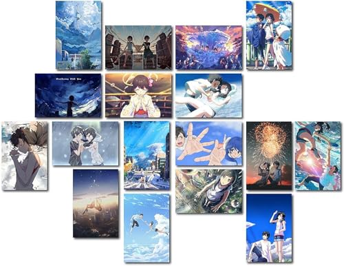 Image of ATEVON Weathering With You Wall Poster Set - Pack of 18 Mini Collage Prints (6x4 Inch) Featuring Makoto Shinkai's Art - Japanese Manga Room Decor, Unframed Wall Decoration for Fans