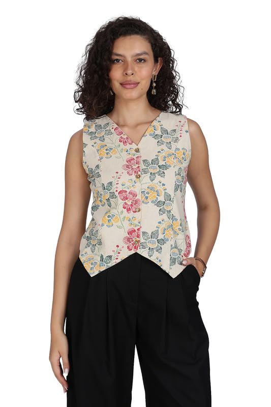 Women’s Floral Print Cotton Waistcoat Top Sleeveless V Neck Button Front Adjustable Back Strap Top for Women
