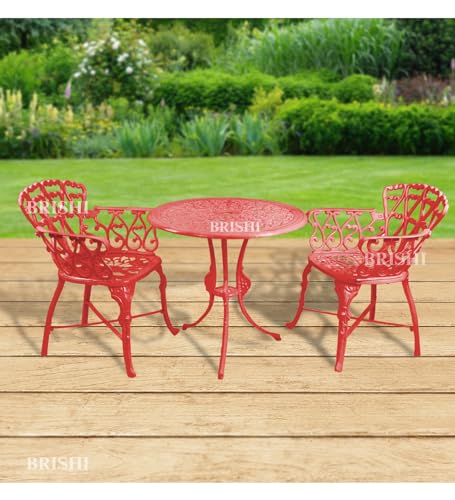 Image of BRISHI Cast Aluminium Garden Patio Seating Chair and Table Set for Balcony Outdoor Furniture with 1 Table and 2 Chair Set (Red)