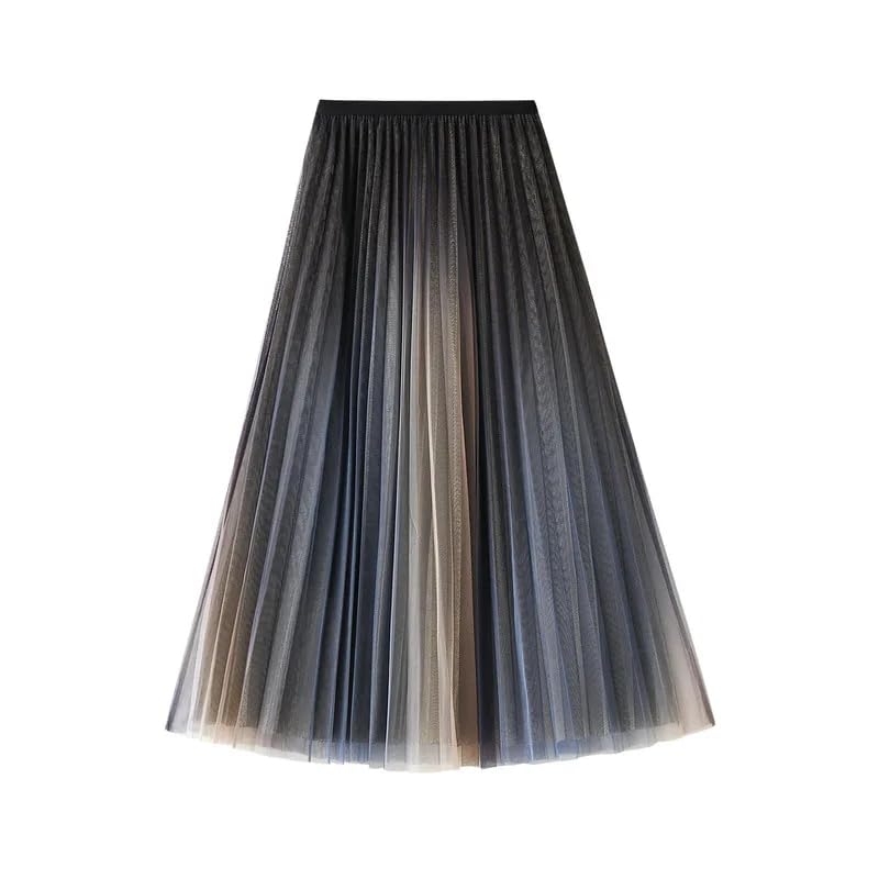 Women's High Waist Slim Double-Layer Mesh Gradient Color Bright Mid Length A-Line Pleated Skirts4