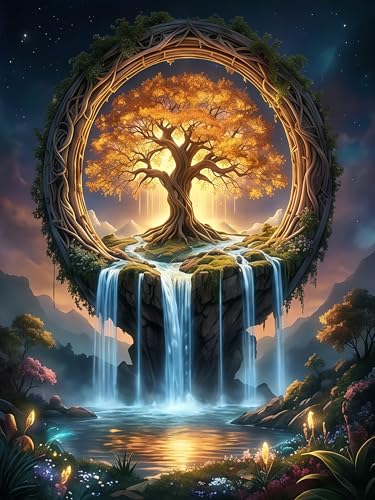 Image of Tree of Life Stamped Cross Stitch Kits - Waterfall Needlepoint Counted Cross Stitch Kits for Beginners Adults Patterns Crossstitching Dimensions Embroidery Kits Arts and Crafts