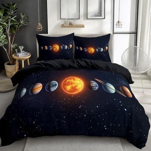 Midnight Blue Bedding Sets Solar System Planets Print Duvet Cover Set, Comforter Cover Full Size Soft Breathable Reversible 3-Piece Bedding for Kids Teens