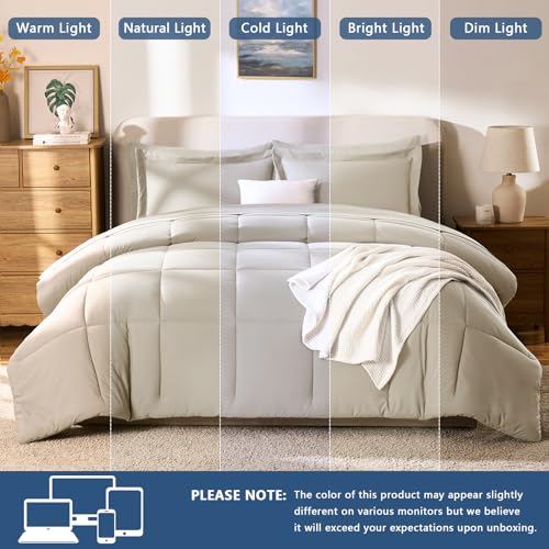CozyLux Oatmeal Queen Comforter Set with Sheets - 7 Pieces Bed in a Bag Queen Bedding Sets, All Season Soft 7PC Bed Set with Oatmeal Comforter, Flat Sheet, Fitted Sheet, Pillowcases & Pillow Shams - Image 6