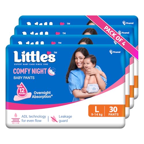 Image of Little's Baby Diapers L Size (Large) Pants Style | 9-14 kg | 120 Count | Comfy Nights Baby Diaper Pants with Leakage Guard & Upto 12 Hours Absorption (30 Count, Pack of 4)