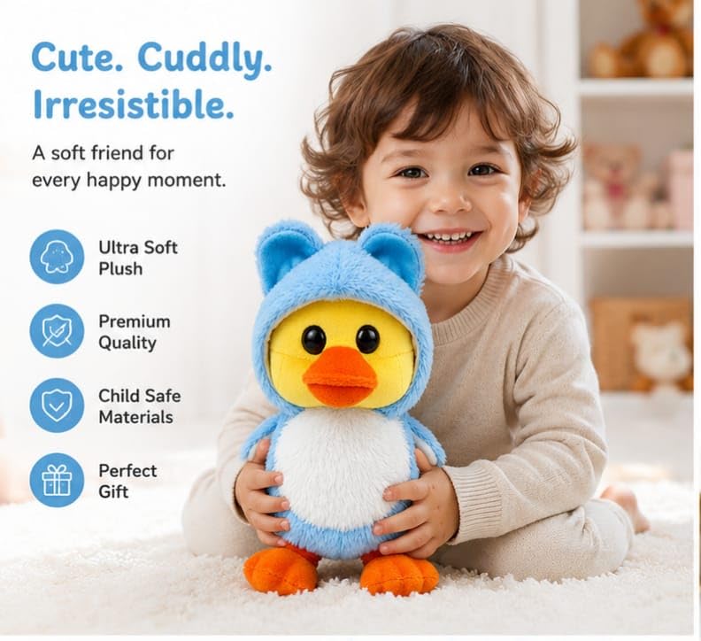 Image of Cute Blue Hooded Duck Plush Toy with Bear Hoodie - Soft Stuffed Animal Doll for Kids, Babies & Toddlers | Huggable Cuddly Plush Gift for Boys & Girls | Premium Soft Fabric 25CM