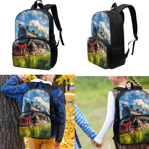 3 Pcs Backpack for School, Kids Backpack for Girls Train and Cloud Print with Lunch Box Pencil Case Set for Teen Girls Elementary Primary Middle High College2