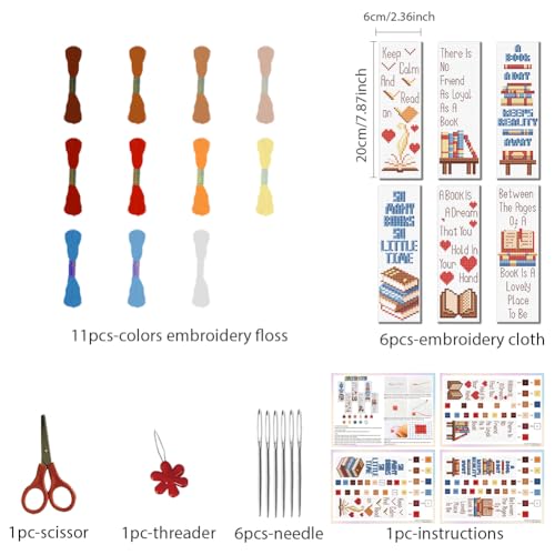 Image of FREEBLOSS 6 Set Cross Stitch Bookmark Kit Books Pattern Stamped Cross Stitch Kits for Beginners DIY Embroidery Bookmarks DIY Bookmark Kit Embroidery Kit for Adults Gift 6 * 20CM
