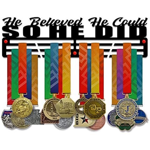 VICTORY HANGERS He Believed She Could So She Did Medal Holder Display Rack - 3 Bars Black Coated 3 mm Steel Metal Hanger with Wall Mount Standoffs - 18 Inch Wide Holds 60 Medals or More Cover