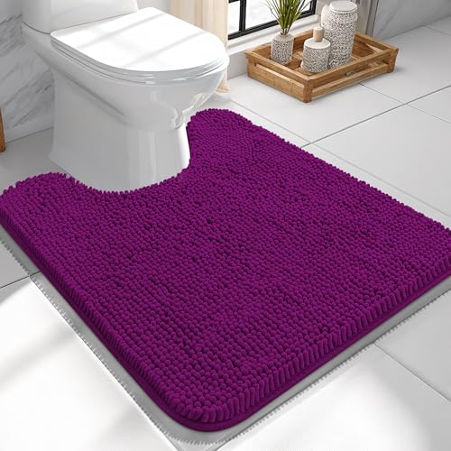 Image of OLANLY Toilet Rugs U-Shaped 24x24, Extra Soft Absorbent Chenille Contour Bathroom Rugs for Toilet, Dry Quickly, Machine Washable, Non-Slip Bath Mat, Purple