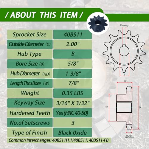 Image of #40 Roller Chain Sprocket 11 Tooth 5 /8 inch Bore (3 /16 inch Keyway) Black Oxide Rust-Proof with 3 Set Screws & Keyway for Mini Bike Go-Kart Clutch, Hardened 1045 Steel 40BS11-5 /8