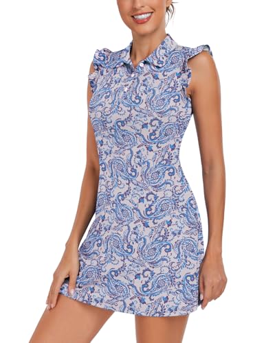 Soneven Women'S Tennis Golf Dress With Shorts Button Down Ruffles Sleeveless Athletic Polo Dresses For Women With Pockets(133-Blue Retro Print, X-Large)