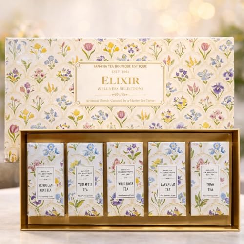 Image of SAN-CHA Tea Boutique, Elixir Selection, Tea Gift Box, 5 Immunity Boosting Teas- Lavender, Rose, Turmeric, Tulsi & Moroccan Mint, Tea Gifting, Tea Gift Hamper, 125 Gram