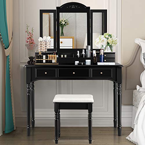 DORTALA Makeup Vanity Table Set w/ 7 Drawers, Removable Tri-Folding Mirror w/ 8 Jewelry Necklace Hooks, Dressing Table w/Open Storage Box & Cushioned Stool, Solid Wood Legs,Black
