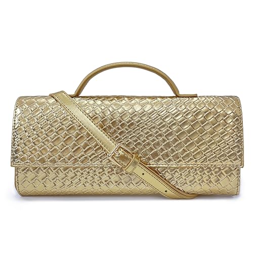 PHILOMENA Evening Woven Crossbody Bags for Women Casual Shoulder Handbag Vegan Leather Clutch Purse for Wedding Party (Gold)