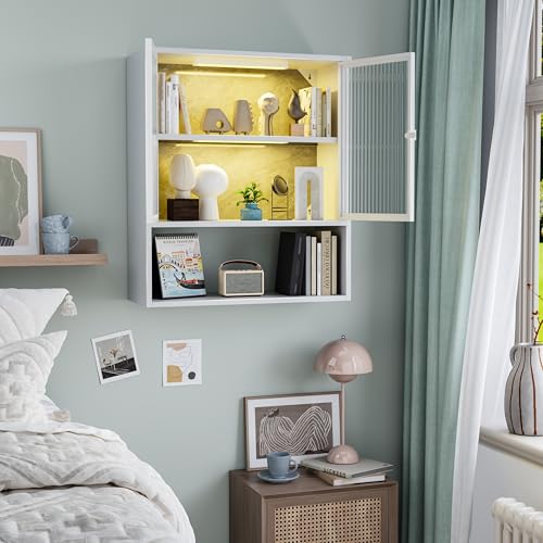 Image of Wall Mounted Bathroom Cabinet with Glass Doors, Metal Over Toilet Storage Cabinets with Open Shelves, Medicine Cabinets for Bathroom, Living Room, Bedroom, White