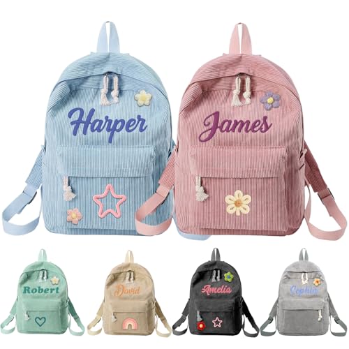 Custom Embroidered Name Backpack for Boys Girls Personalized Daycare Preschool Back to School Bag Customized Kindergarten School Bag Corduroy Kids Birthday Gifts Bookbag with Name