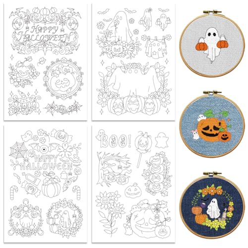 Image of Peacoblue Water Soluble Embroidery Patterns for Beginners, Halloween Ghost Face and Pumpkin 4 Sheets with 25pcs, Wash Away Embroidery Pattern Stabilizer for Hand Sewing Lover Women Adults