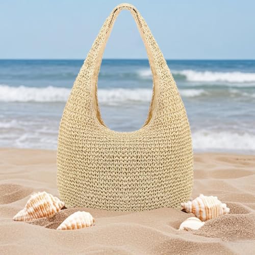 Image of Naimo Women Straw Beach Shoulder Bag Woven Tote Handbag Large Handmade Weaving Summer Casual Hobo Bag
