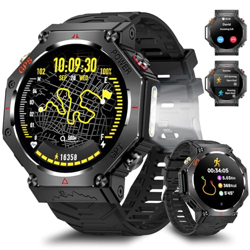 GPS Smartwatch Herren, 2025 Militär Smartwatch Sportuhr, 1.39'' Fitnessuhr Smart Watch für Android und ios, Wasserdichte Fitness Tracker mit Telefonfunktion/Herzfrequenz/AI/ChatGPT/über 100 Sportmodi
