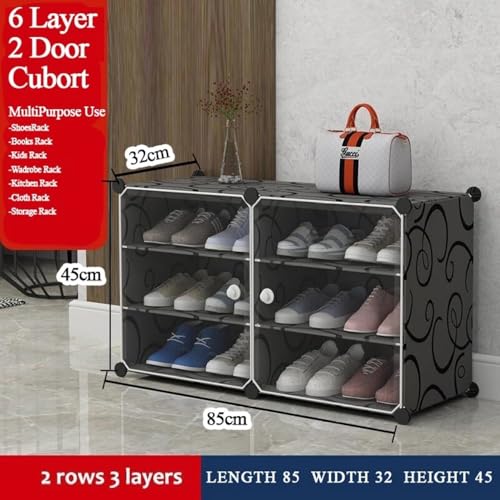 Image of Plastic Shoe Rack for Home with Door, 2 Door 6 Shelf | DIY Shoe Stand Organizer Cabinet for 12 Pairs Storage | Portable Slipper & Chappal Stand (Black)