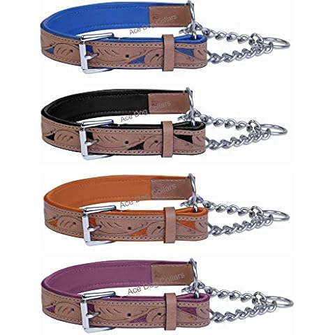 Ace Dog Collars Handcrafted ~ Adjustable PADDED Half check Leather Dog Collar: (fits up to 24" including chain (1" wide) **Stainless Steel Chain** Cover