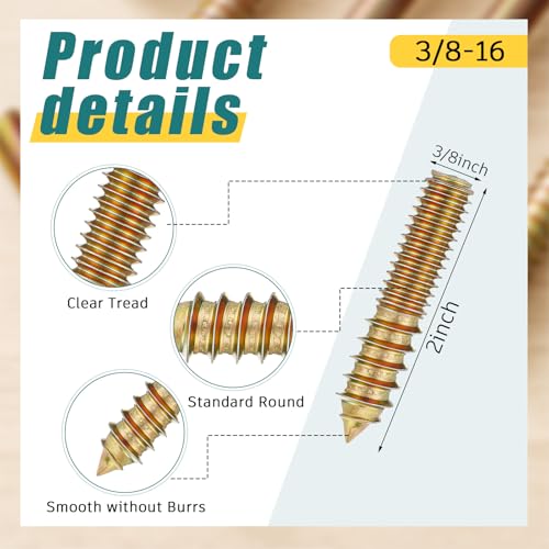 Image of Hicarer 20 Pack 3 /8-16 x 2 Inch Hanger Bolts Double Headed Bolts with Driver Self Tapping Screw Threaded Rod Screws for Furniture Double Headed for Wood Furniture Joint