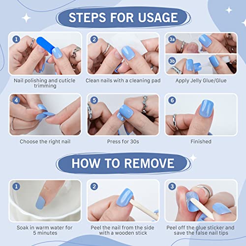 Blue Press On Nails Medium, Jofay Fashion Fake Nails With Designs, Acrylic Almond Nail Tips, Natural & Reusable False Nails With Glue, Stick On Nails For Women & Girls, Blue Seaweed 24Pcs #TOP5