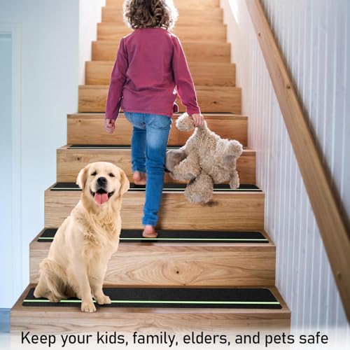Image of JICOOT Anti Slip Traction Treads with Glow in Dark Stripe (2-PCS), 4 inch X 24 inch, Best Grip Tape Grit Non Slip, Outdoor Non Skid Tape, High Traction Friction Abrasive Adhesive for Stairs Step