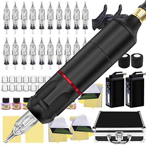 SOTICA Rotary Machine Pen Kit, Complete Makeup Pen Kit Professional Machine Pen Kit with 2Pcs Power Supply Machine Pen 40Pcs Cartridges Ink Caps Practice Skin and Machine Parts for Artist