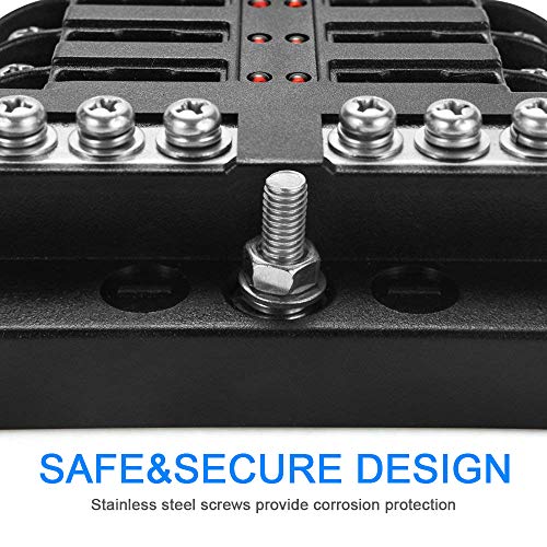6-Way Fuse Box Blade Fuse Block Holder Screw Nut Terminal W/Negative Bus 5A 10A 15A 20A Free Fuses LED Indicator Waterpoof Cover for Automotive Car Marine Boat
