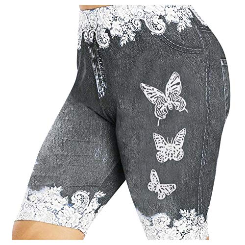2021 New Womens Fashion Summer Casual Knee Length Stretchy Fake Denim Trousers,Women's Plus Size Skinny Butterfly Print Casual Jeggings Faux Denim Jean Shorts