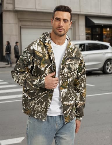 Camo Zip up Hoodie Men Full-Zip Fleece Hoodies Oversized Hooded Sweatshirts Maple Leaf Print Long Sleeve Sweatshirt